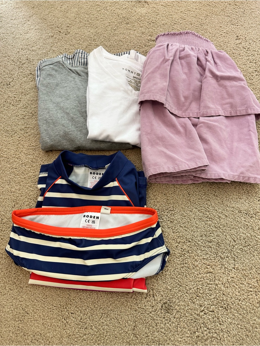 Boden Navy and White Striped Swim Top with Orange Piping